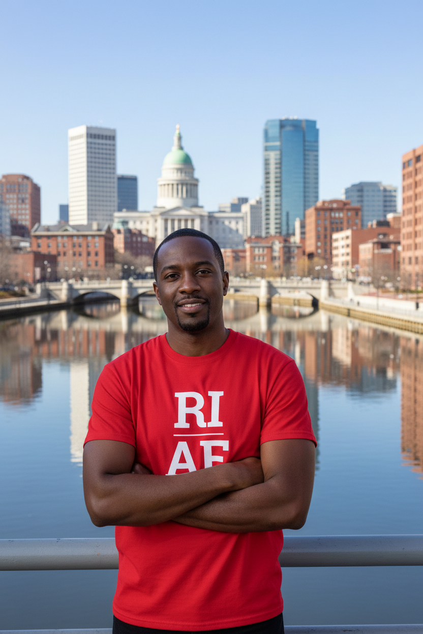 Person wearing red Rhode Island t-shirt with Providence skyline