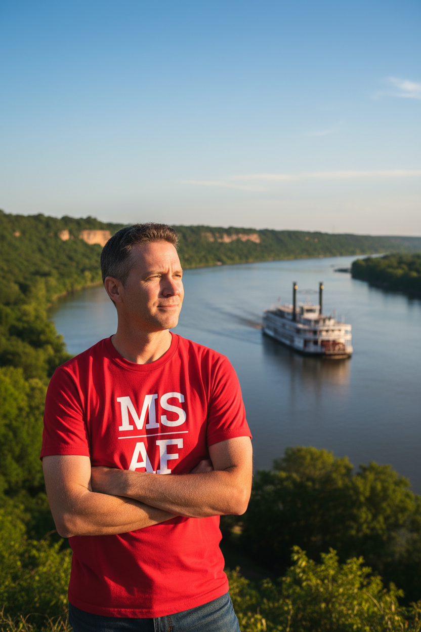 Person wearing red Mississippi t-shirt at the Mississippi River in Natchez