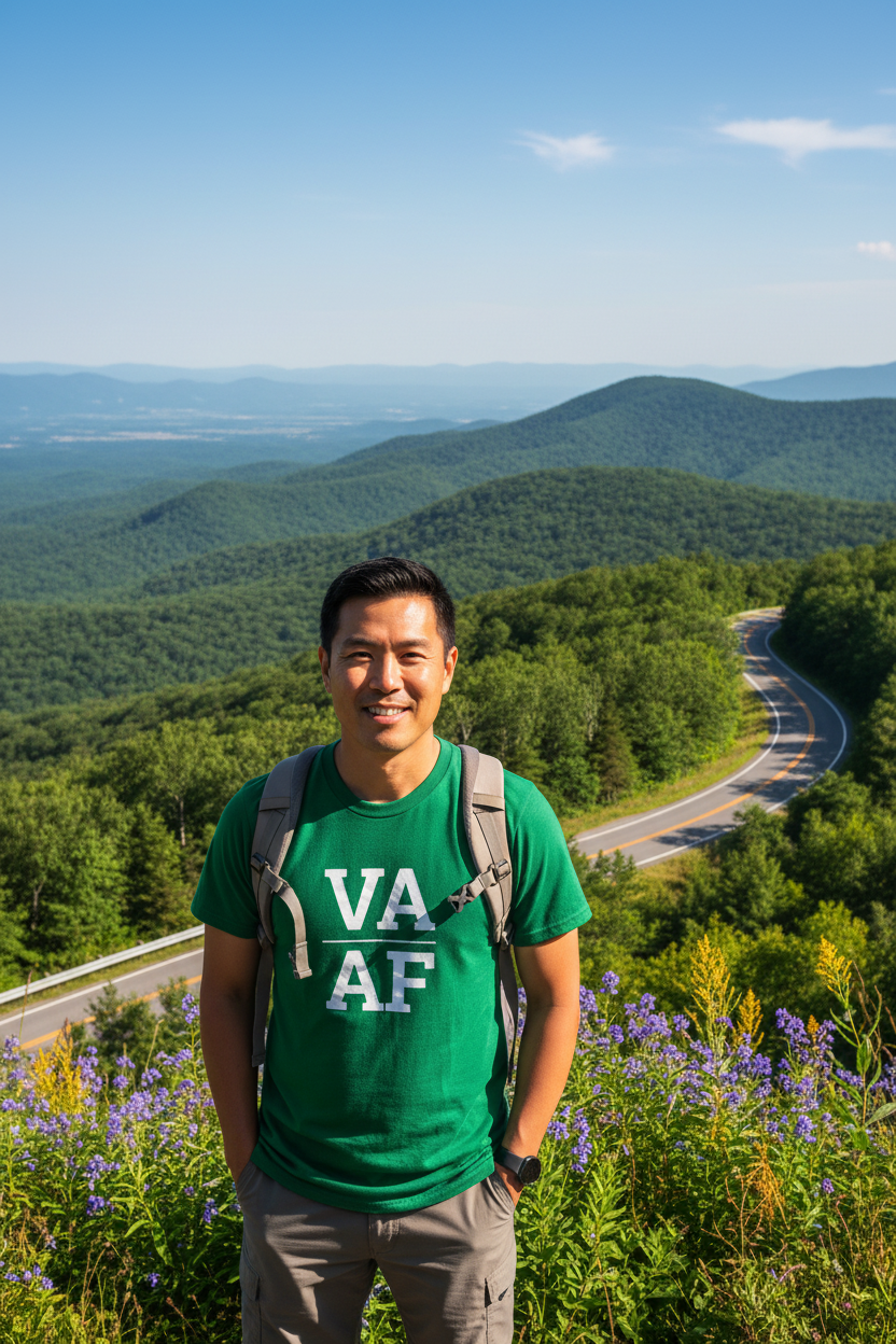 Person wearing green Virginia t-shirt on the Blue Ridge Parkway