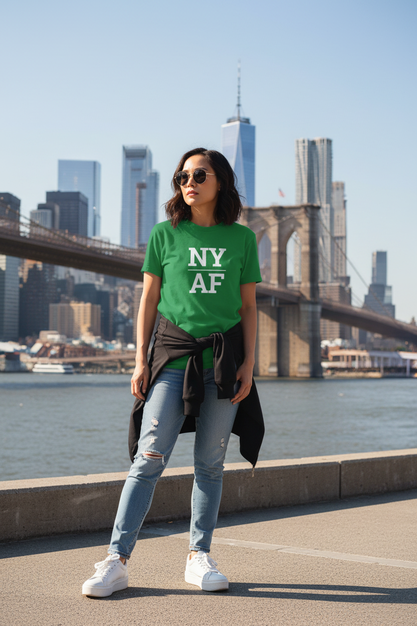 Person wearing green New York t-shirt at the Brooklyn Bridge
