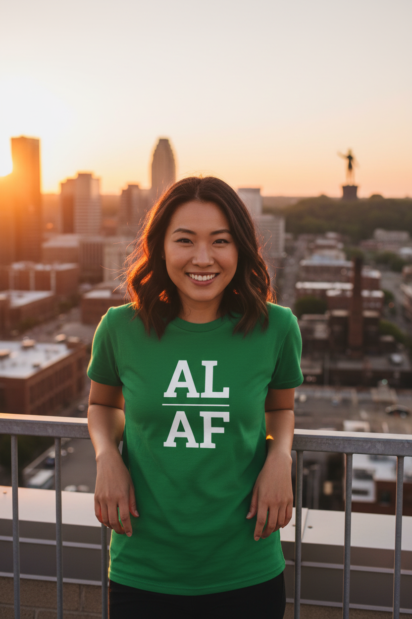 Person wearing green Alabama t-shirt with Vulcan statue and Birmingham skyline