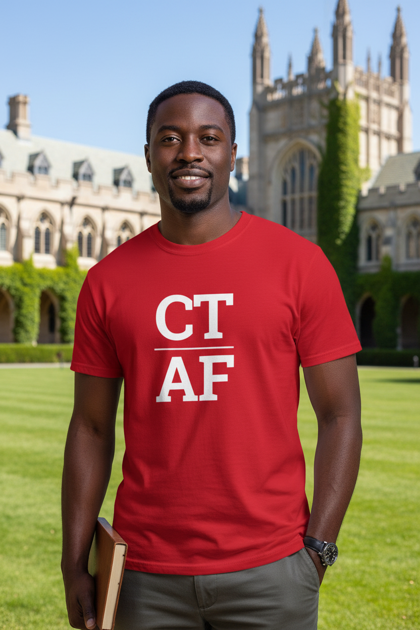 Person wearing red Connecticut t-shirt at Yale University