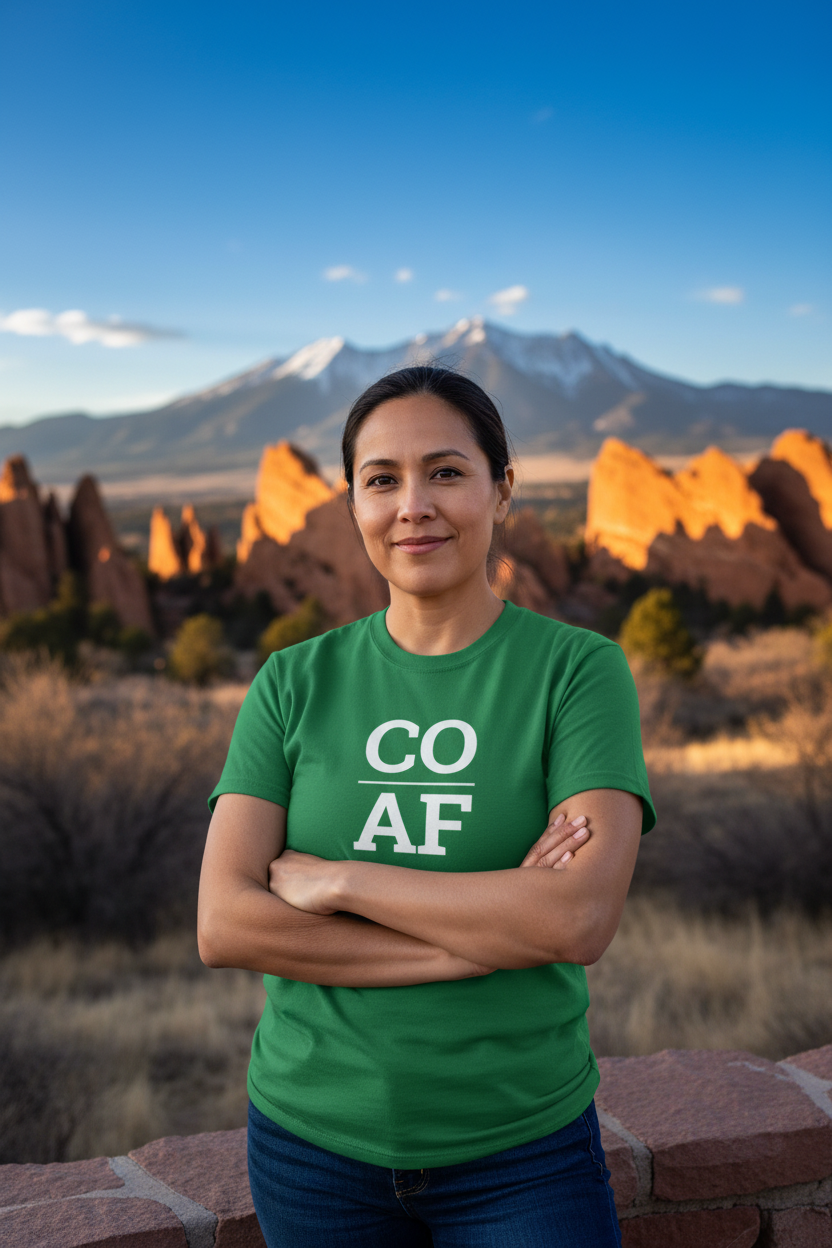 Person wearing green Colorado t-shirt at Garden of the Gods