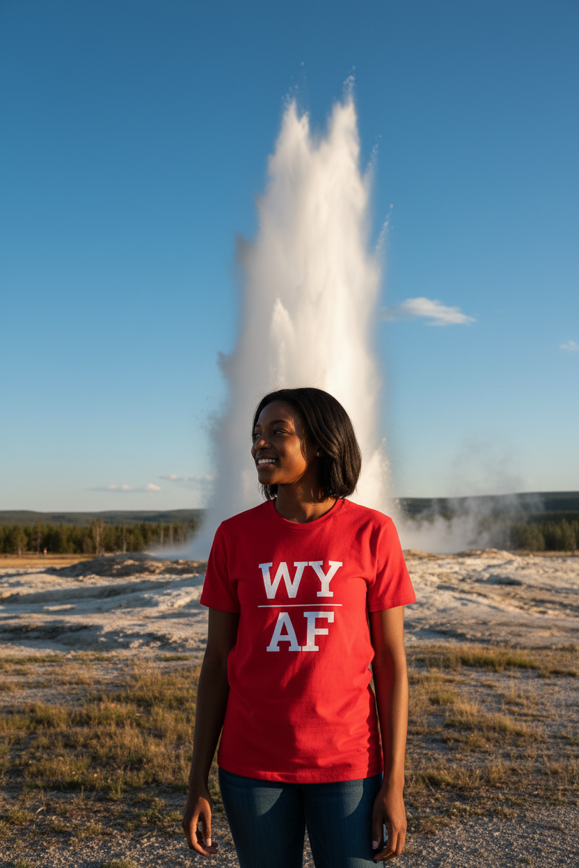 Person wearing red WY_AF t-shirt at Old Faithful, Yellowstone, Wyoming