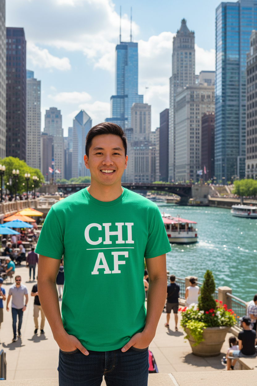CHI_AF green shirt on the Chicago Riverwalk, Chicago IL