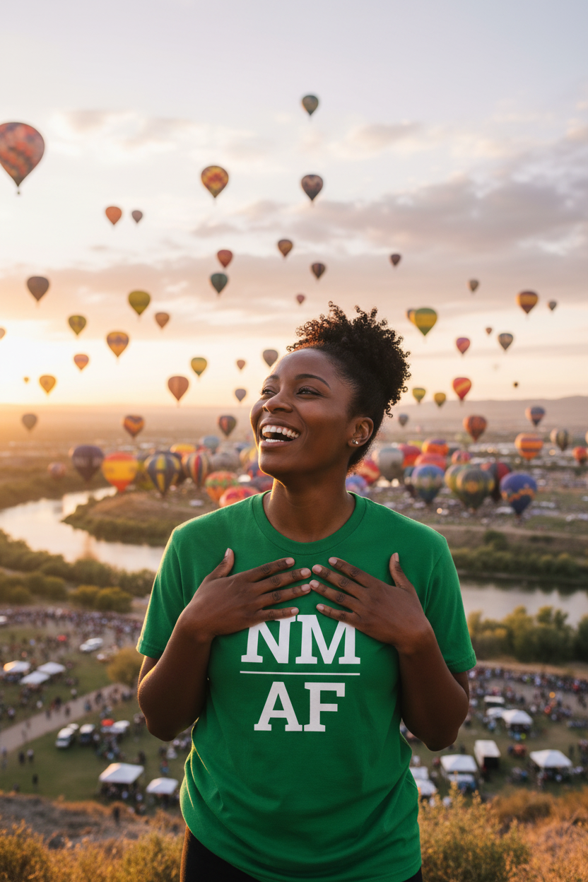Person wearing green New Mexico t-shirt at the Albuquerque Balloon Fiesta