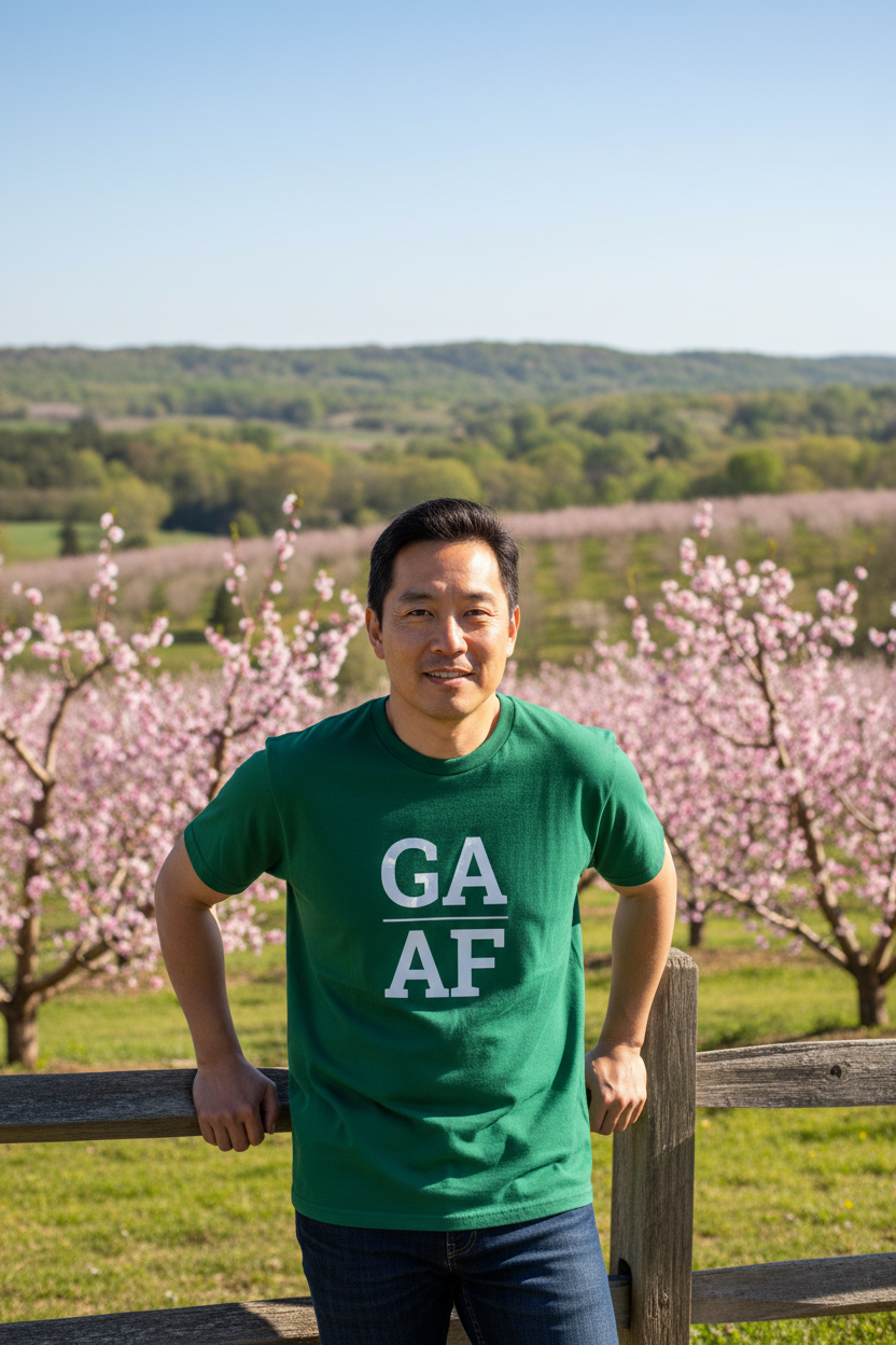 Person wearing green Georgia t-shirt at Georgia peach orchards