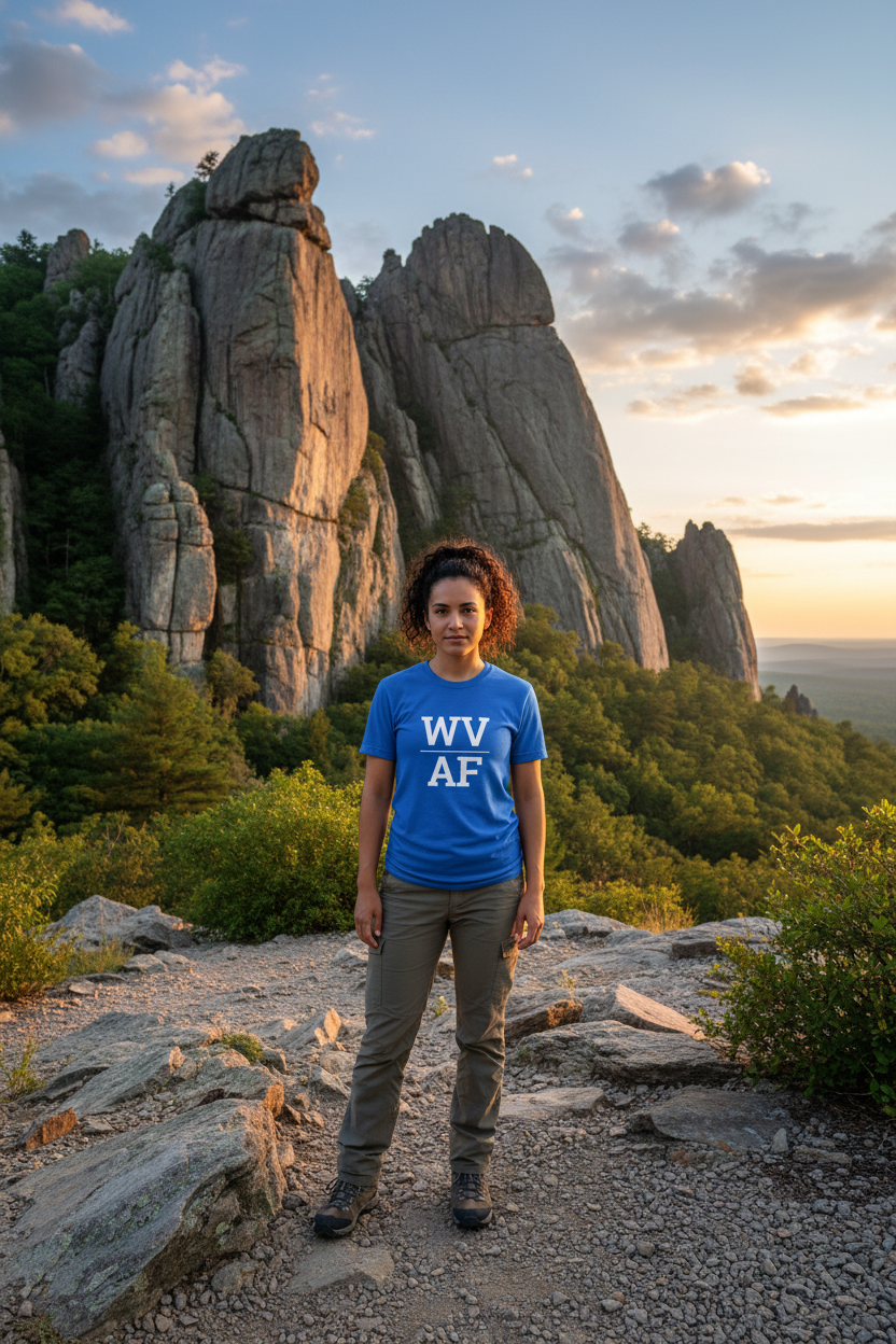 Person wearing blue WV_AF t-shirt at Seneca Rocks, West Virginia