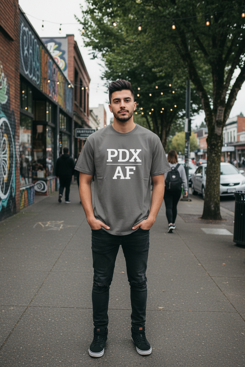 Model wearing PDX_AF charcoal grey tee in the Alberta Arts District, Portland, OR