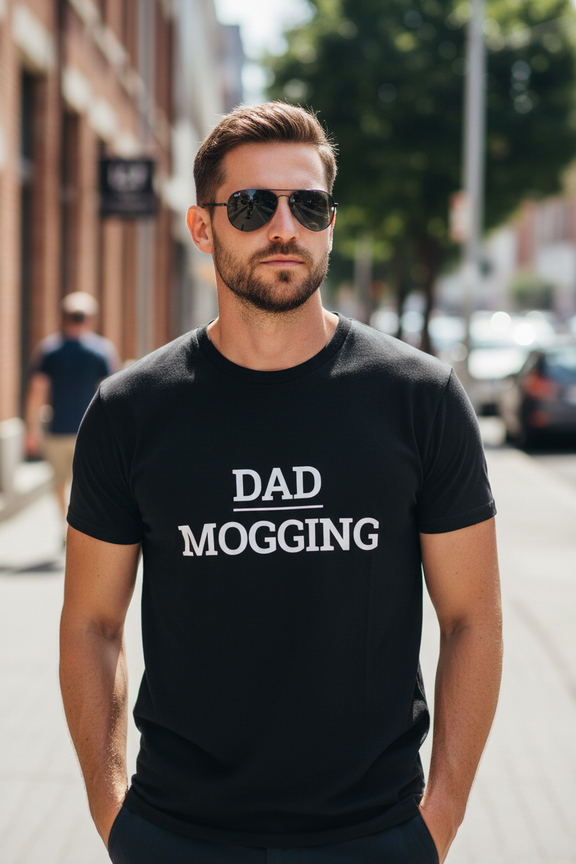 Attractive man wearing black DAD_MOGGING t-shirt, candid street style