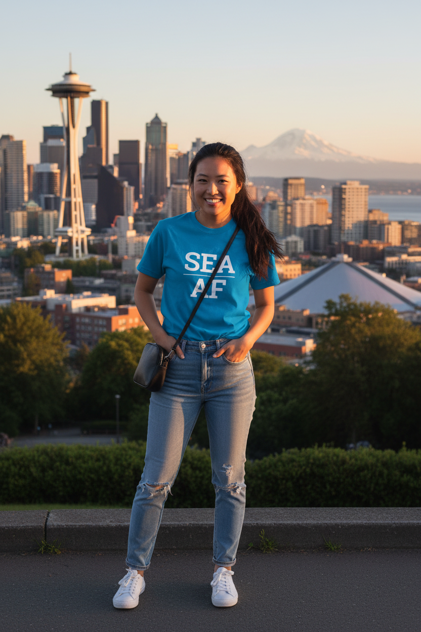 Model wearing SEA_AF sapphire blue tee at Kerry Park overlook with Seattle skyline, Seattle, WA