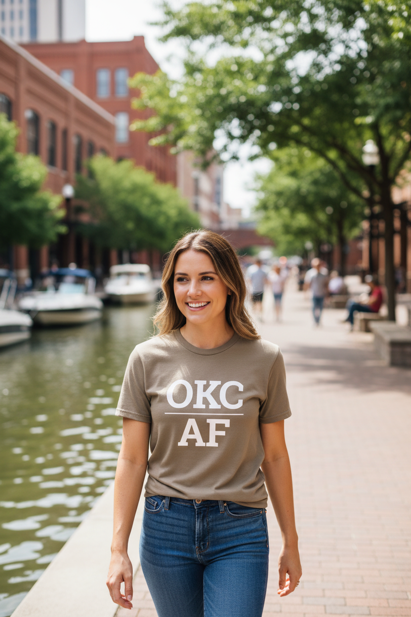 White woman wearing brown OKC_AF t-shirt at Bricktown Canal Oklahoma City