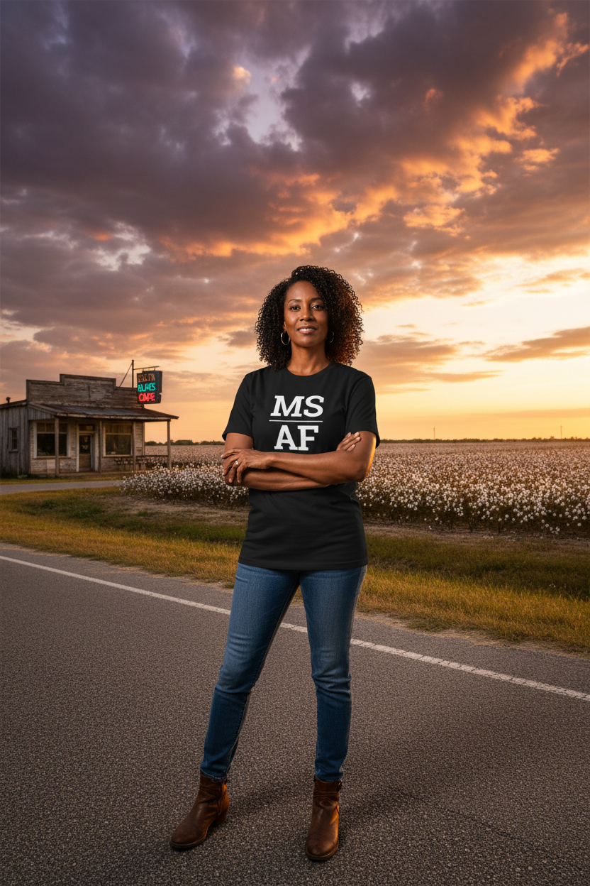 Person wearing black Mississippi t-shirt on the Blues Highway