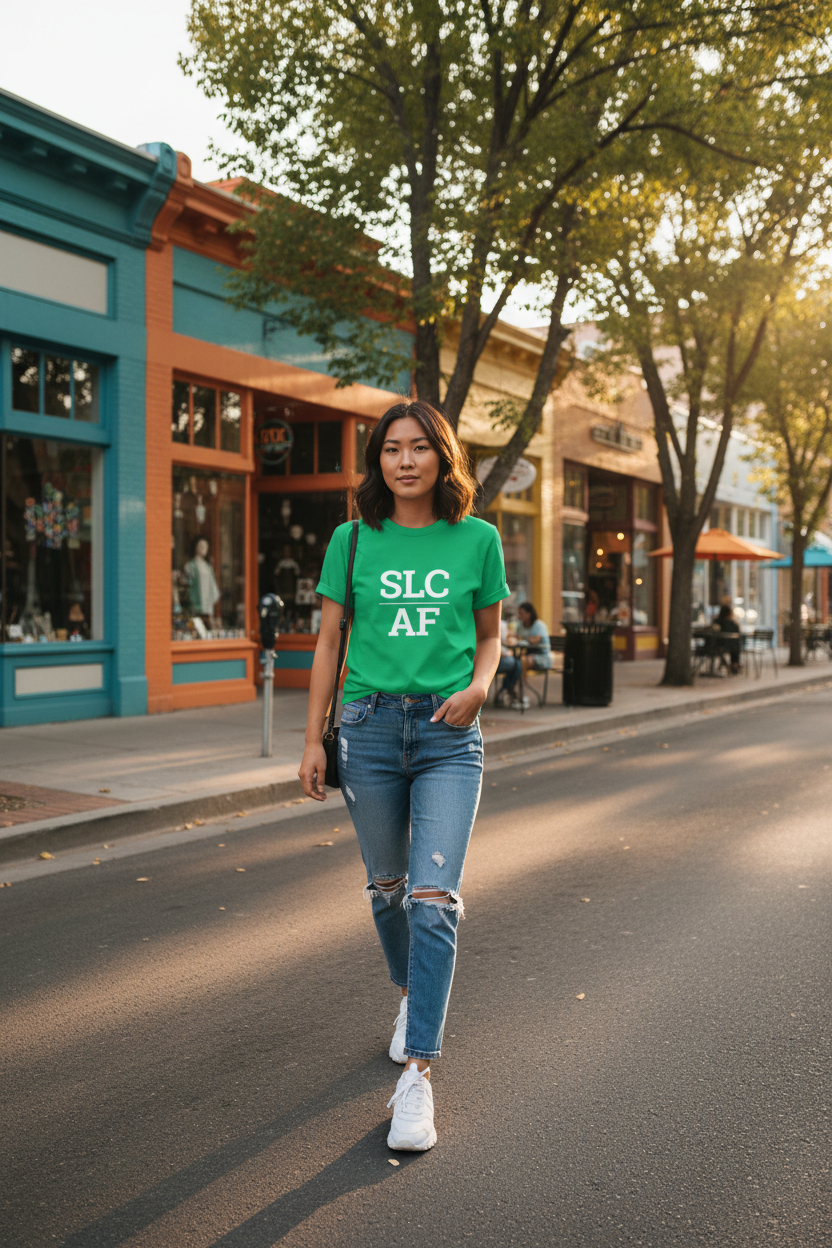 Model wearing SLC_AF irish green tee in the 9th and 9th neighborhood, Salt Lake City, UT