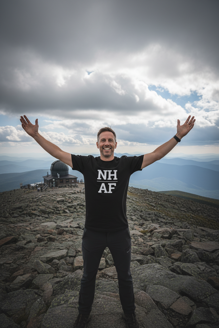 Person wearing black New Hampshire t-shirt at Mount Washington summit
