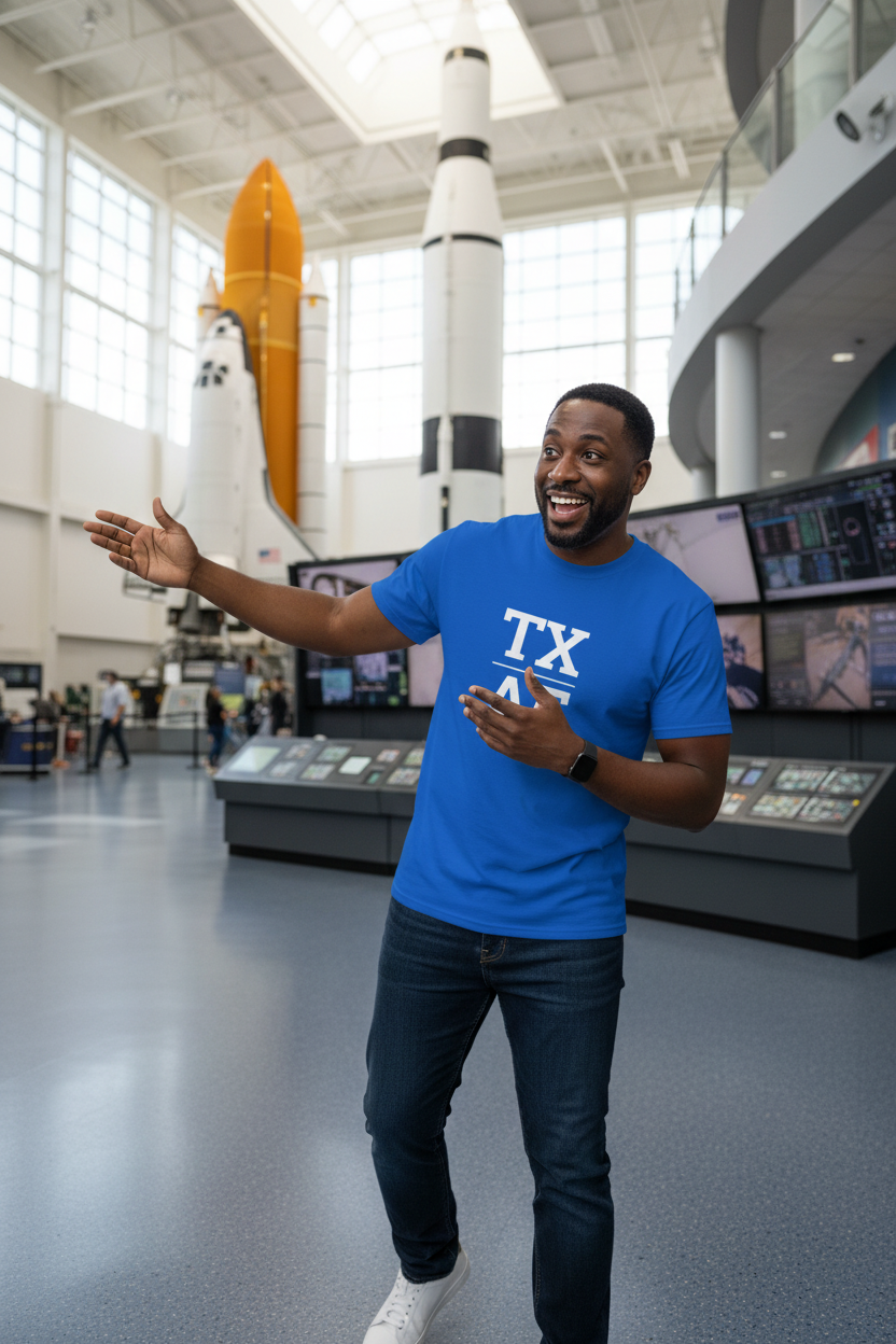 Person wearing blue Texas t-shirt at Space Center Houston