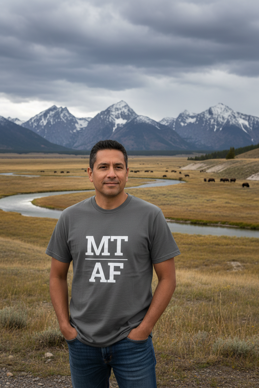 Person wearing grey Montana t-shirt in Lamar Valley