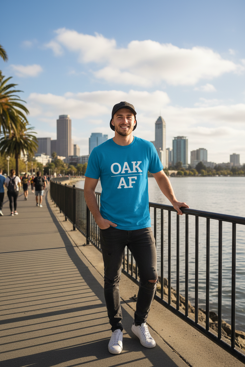 Model wearing OAK_AF sapphire blue tee at Lake Merritt, Oakland, CA