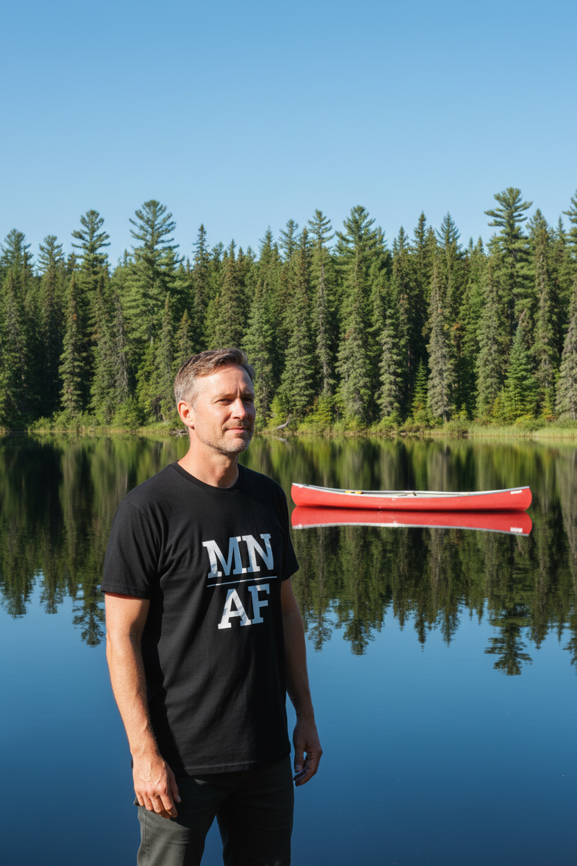 Person wearing black Minnesota t-shirt at the Boundary Waters