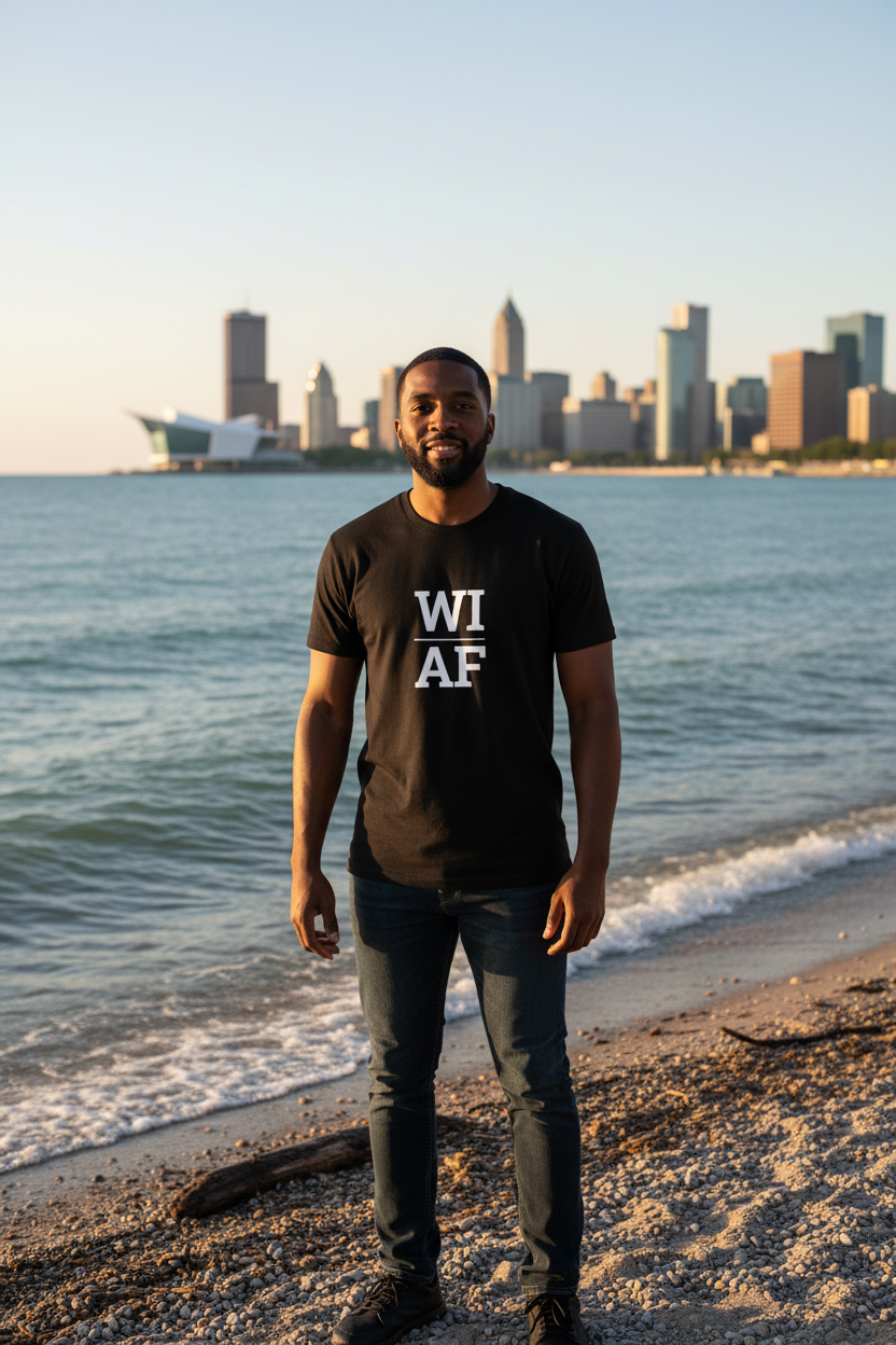 Person wearing black WI_AF t-shirt at Lake Michigan, Milwaukee