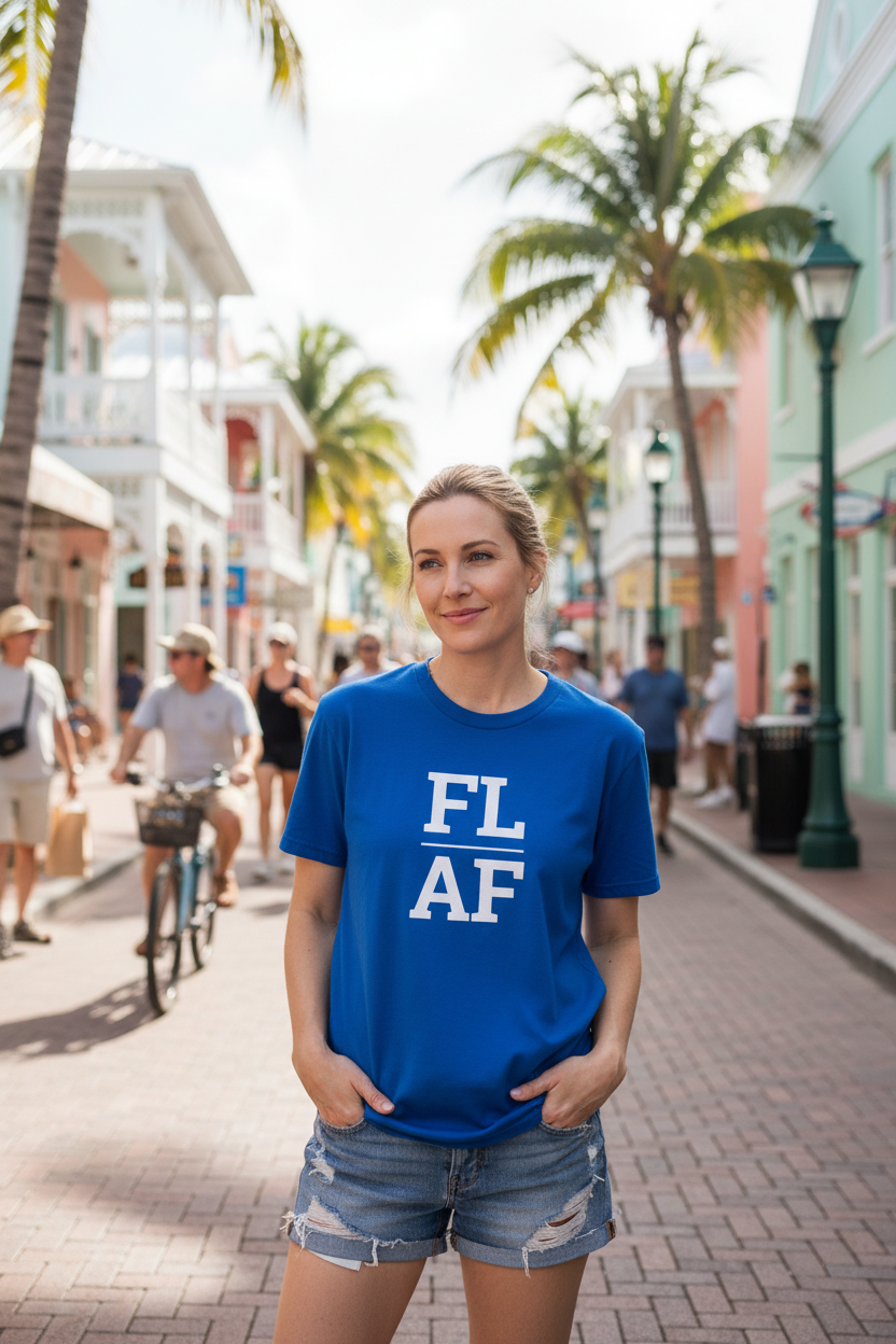 Person wearing blue Florida t-shirt in Key West