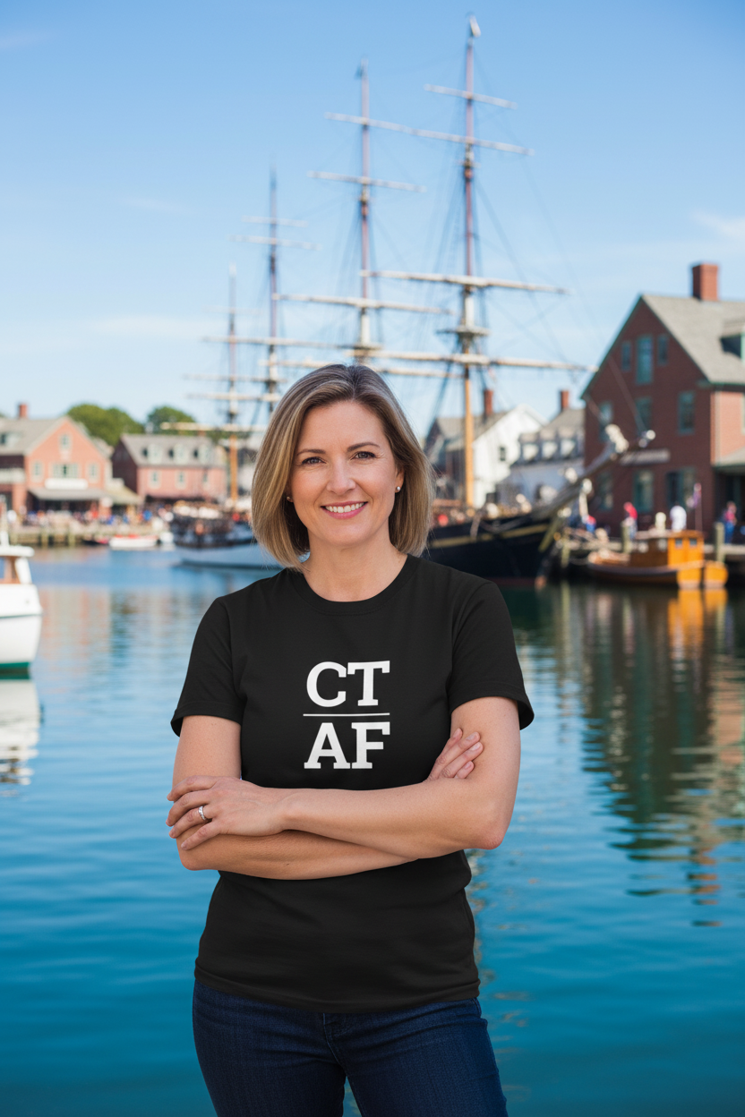 Person wearing black Connecticut t-shirt at Mystic Seaport