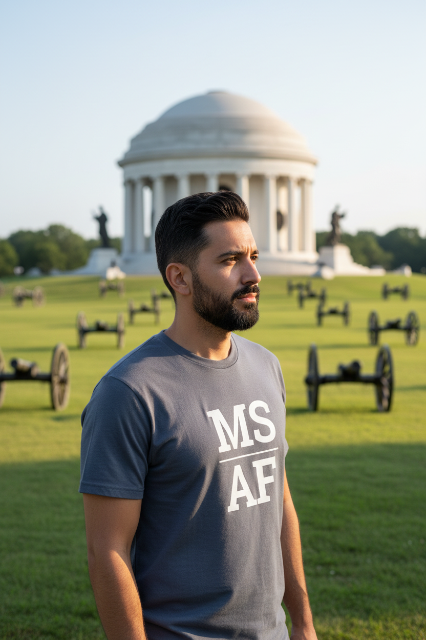 Person wearing grey Mississippi t-shirt at Vicksburg National Military Park