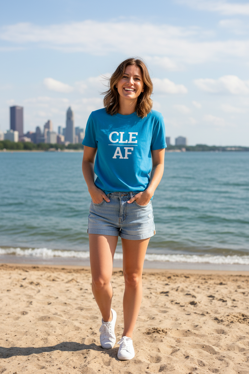 White woman wearing sapphire CLE_AF t-shirt at Edgewater Park beach Cleveland