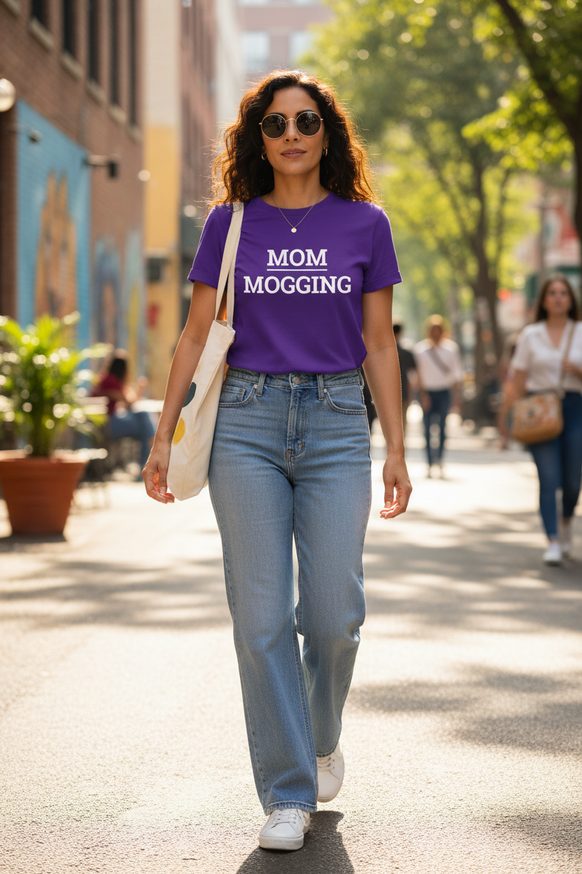 Stylish Latina woman wearing purple MOM_MOGGING t-shirt walking through trendy neighborhood