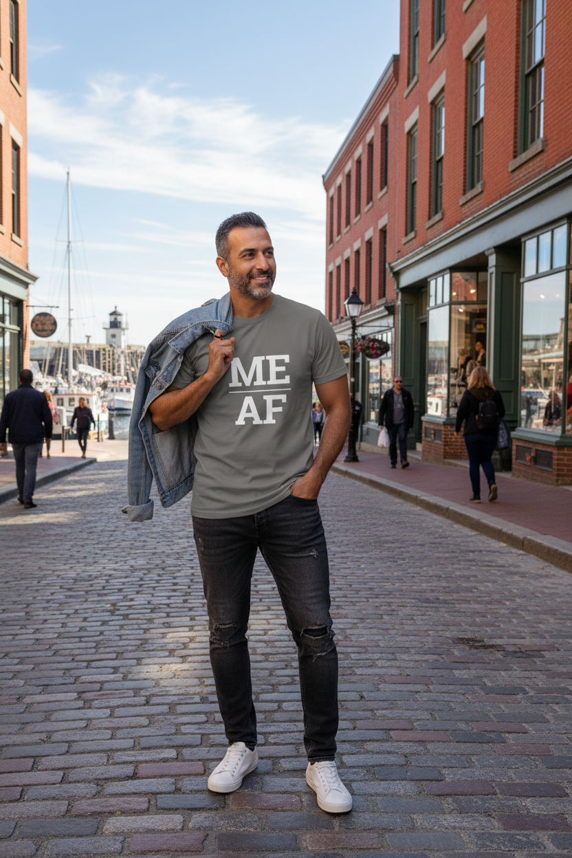 Person wearing grey Maine t-shirt in Old Port Portland