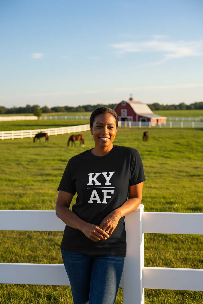 Person wearing black Kentucky t-shirt at Bluegrass horse farms in Lexington
