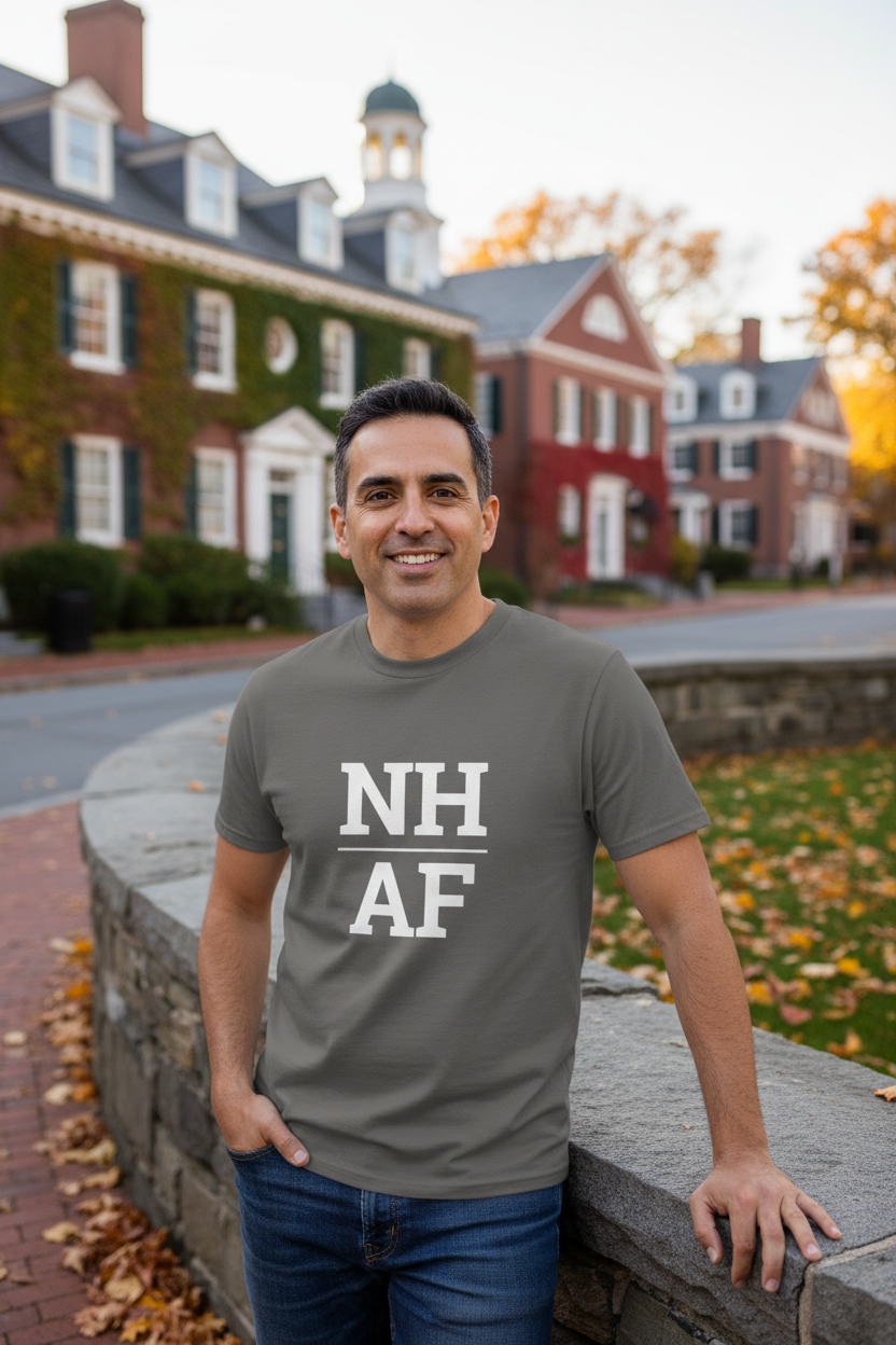 Person wearing grey New Hampshire t-shirt in Hanover near Dartmouth