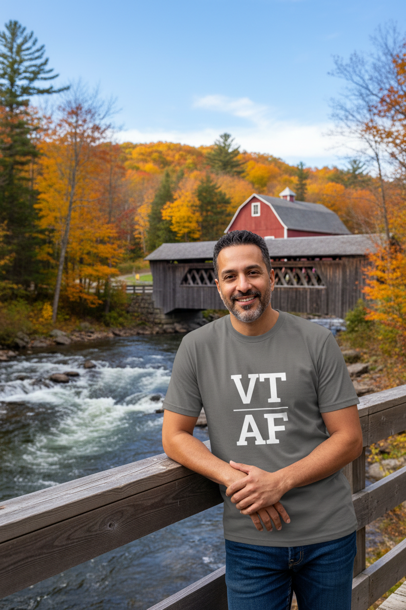 Person wearing grey Vermont t-shirt at a Vermont covered bridge