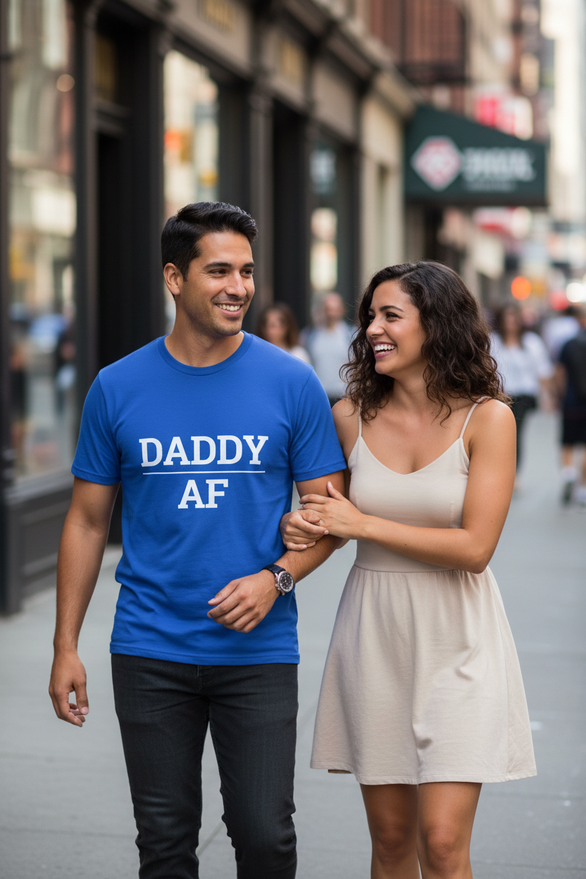 Attractive Latino man wearing blue DADDY_AF t-shirt, woman smiling at him on city sidewalk