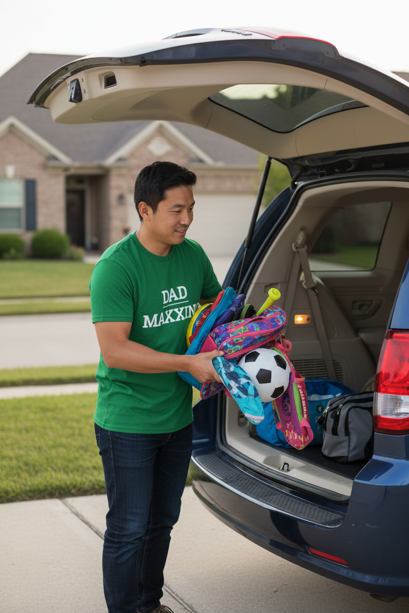 Man wearing green DAD_MAXXING t-shirt loading kids gear into minivan