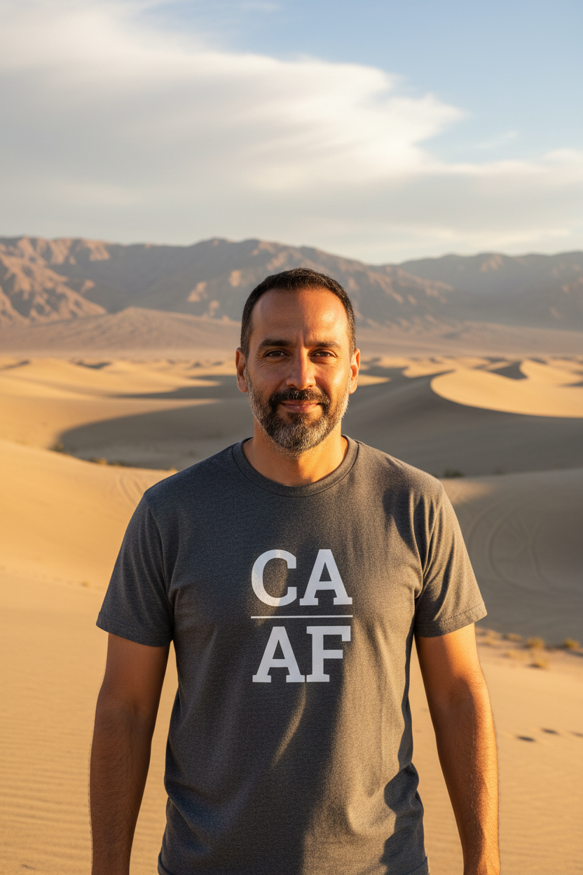 Person wearing grey California t-shirt at Death Valley