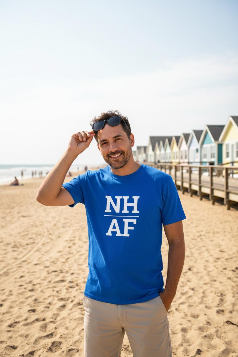 Person wearing blue New Hampshire t-shirt at Hampton Beach