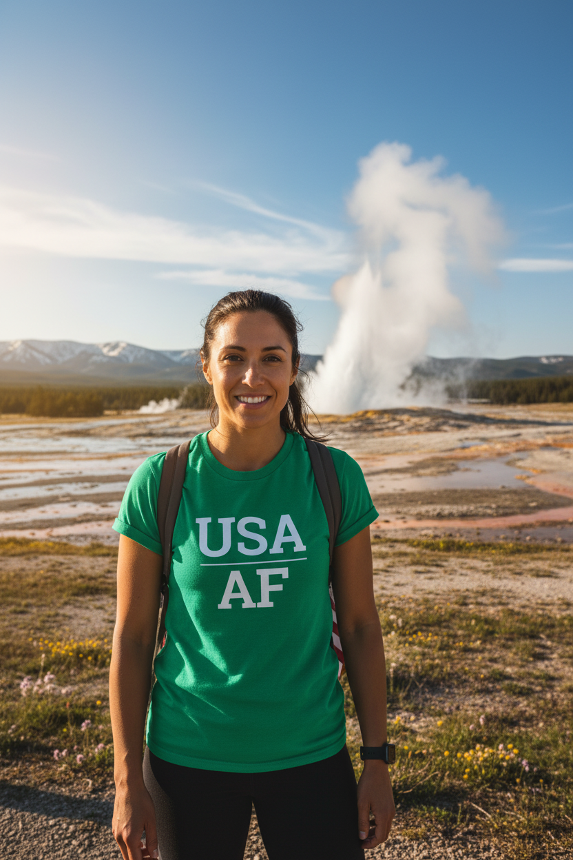 USA_AF green shirt with female model at Yellowstone National Park