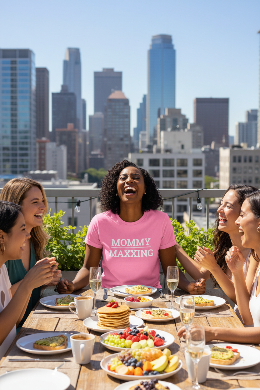 Black woman wearing pink MOMMY_MAXXING t-shirt at rooftop brunch with friends