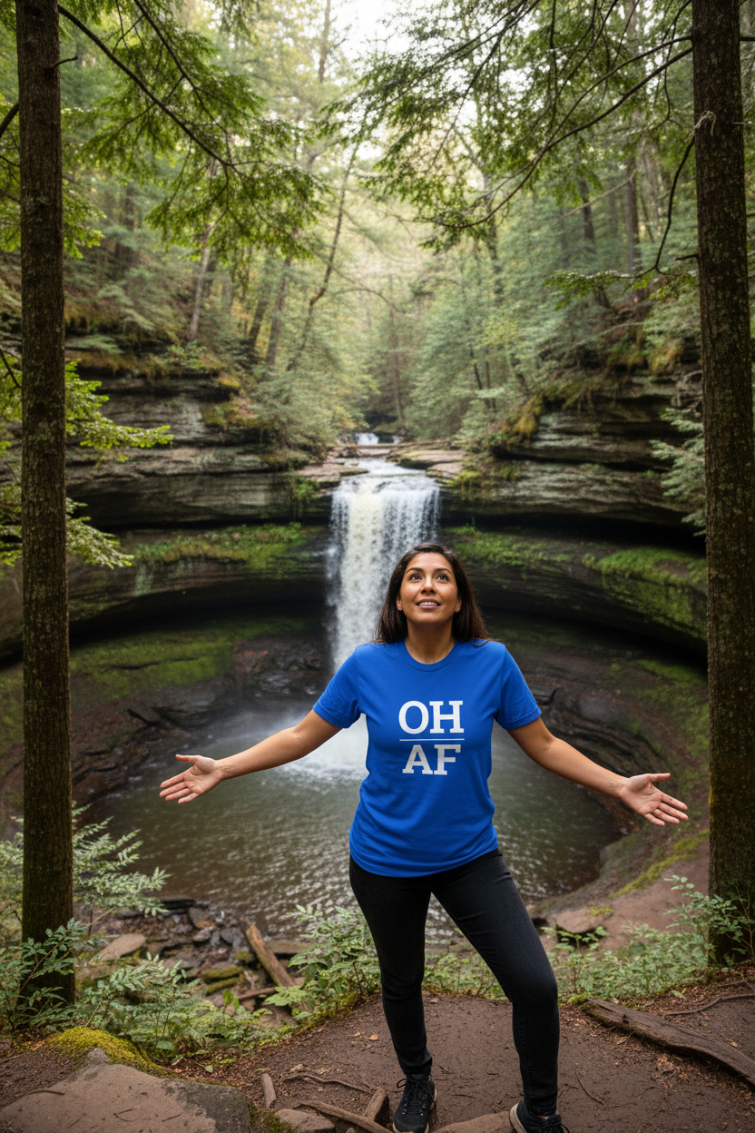 Person wearing blue Ohio t-shirt at Hocking Hills State Park