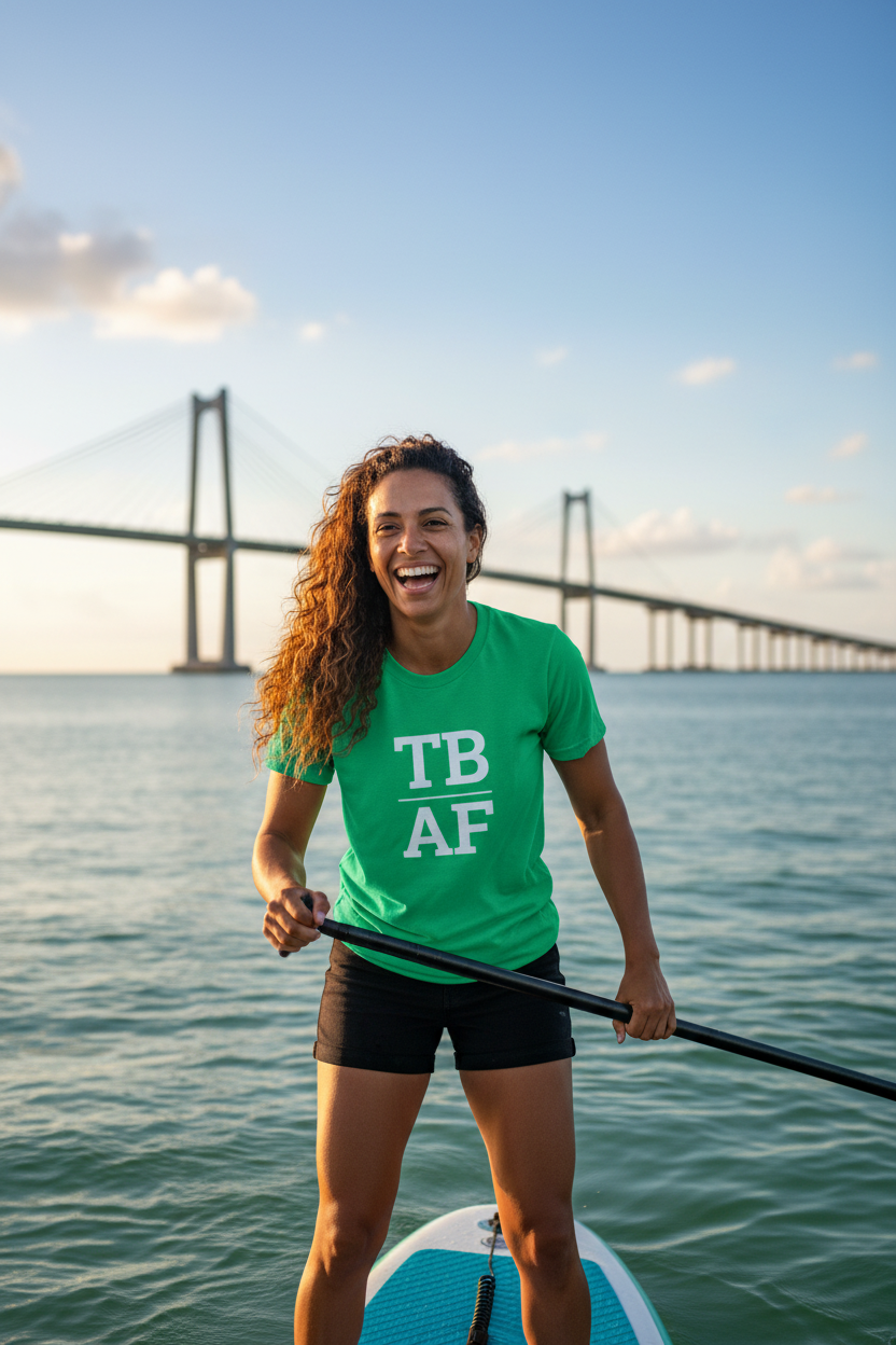 Mixed-race woman wearing green TB_AF t-shirt on Tampa Bay with Sunshine Skyway Bridge