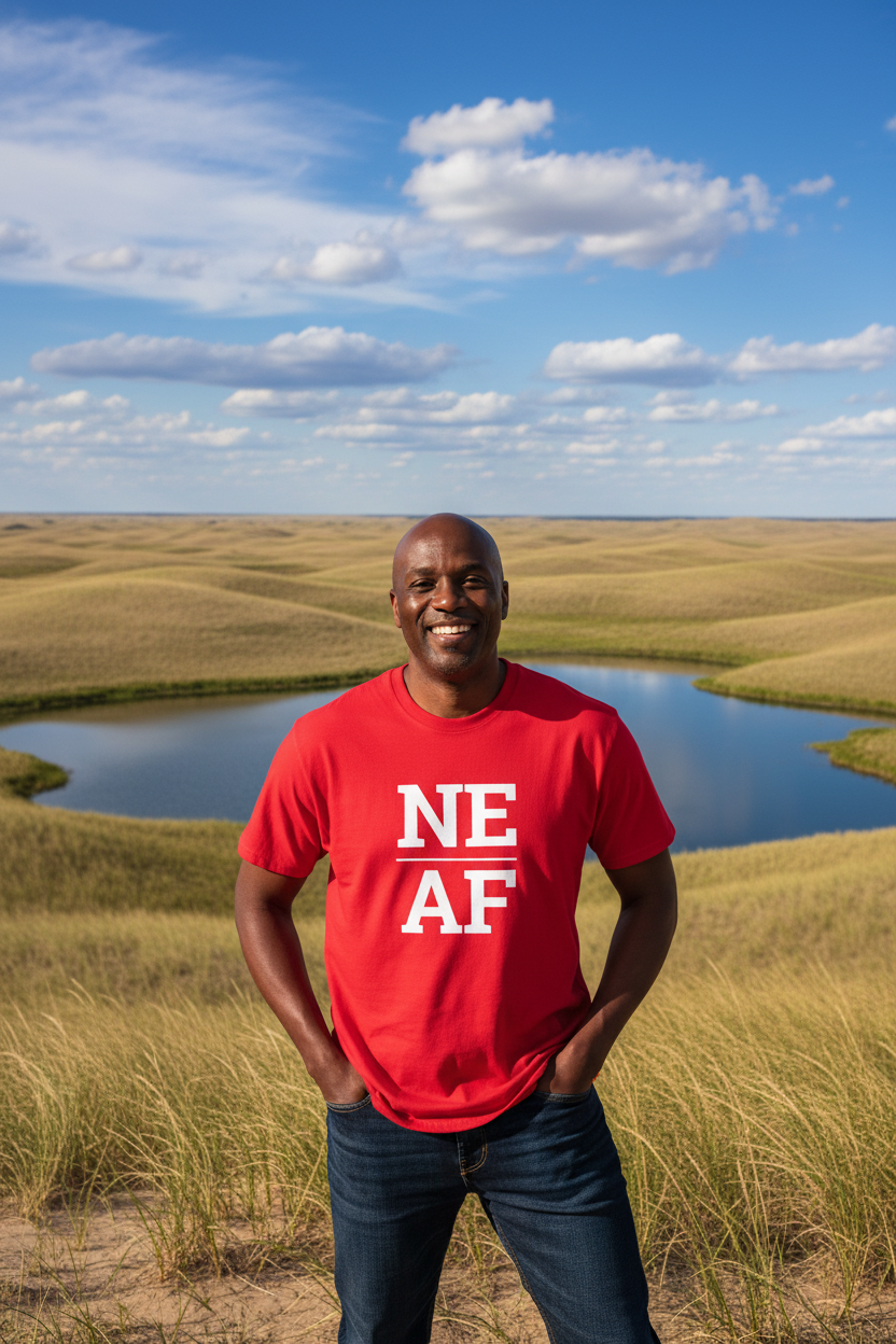 Person wearing red Nebraska t-shirt in the Sandhills
