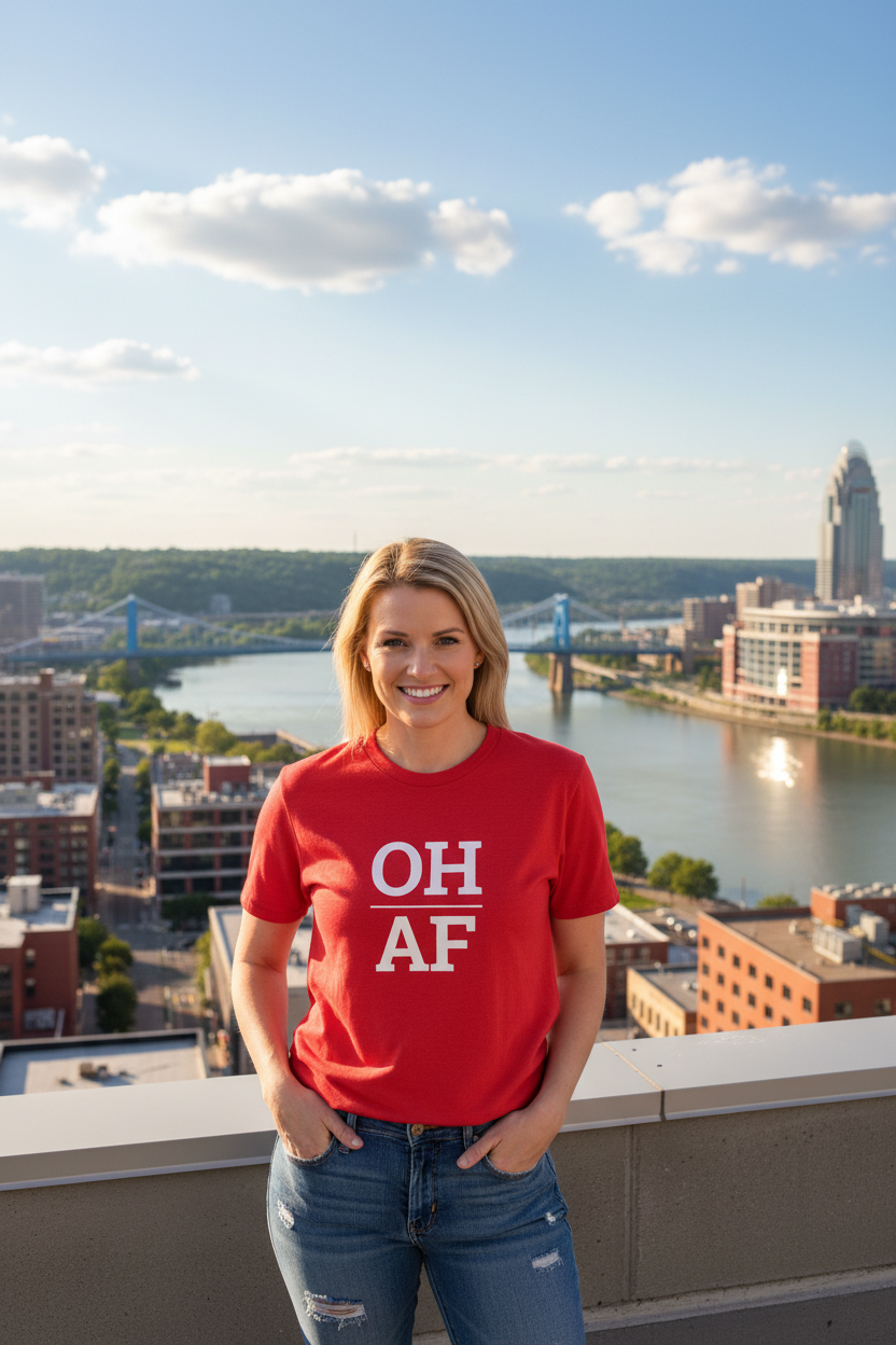 Person wearing red Ohio t-shirt with Cincinnati skyline