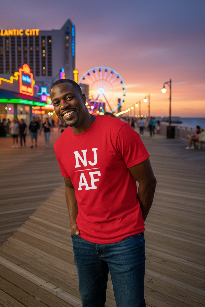 Person wearing red New Jersey t-shirt at Atlantic City boardwalk
