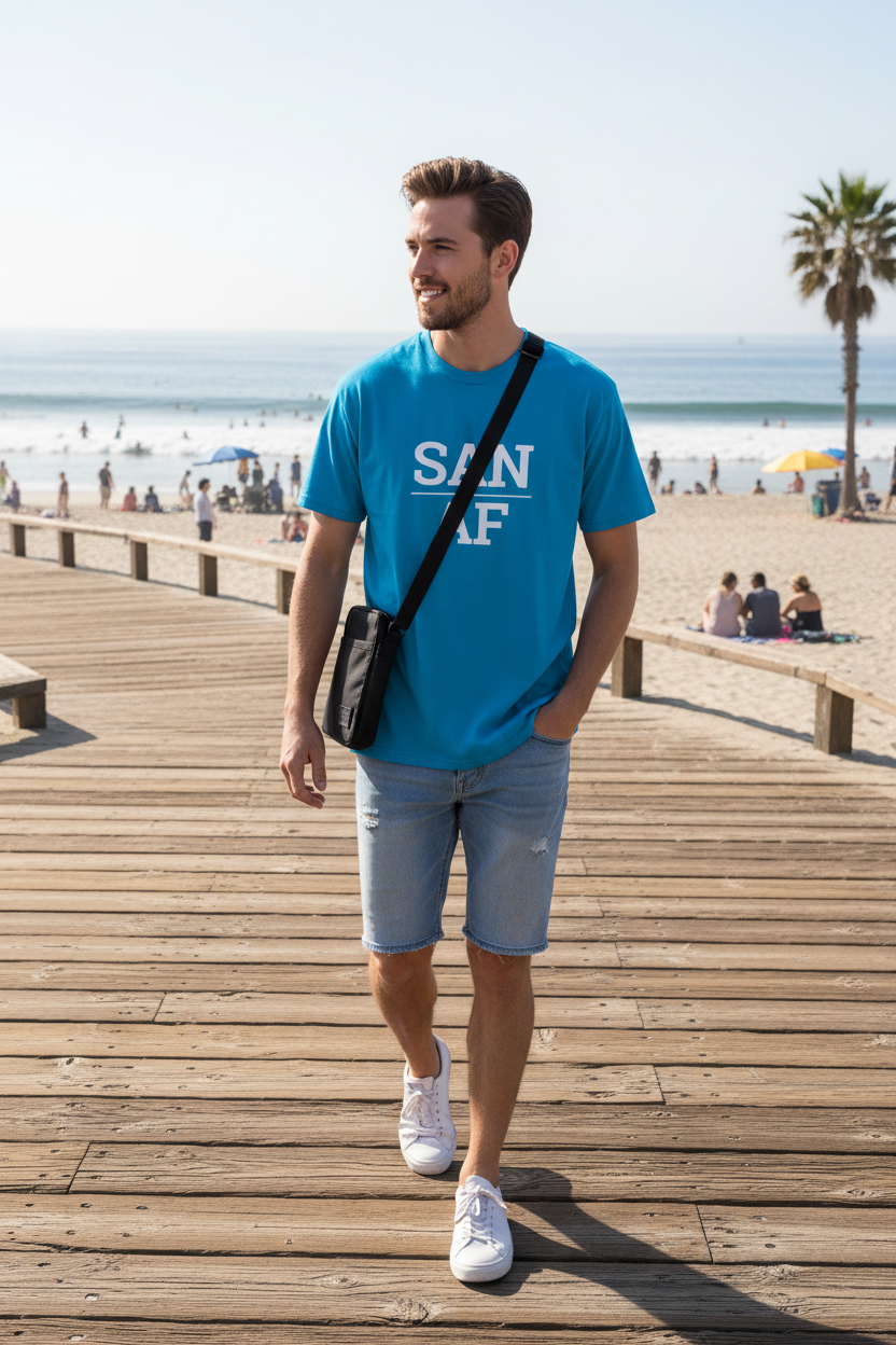 Model wearing SAN_AF sapphire blue tee at Ocean Beach boardwalk, San Diego, CA
