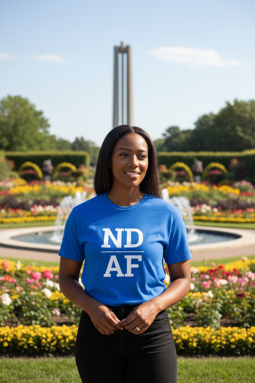 Person wearing blue North Dakota t-shirt at the International Peace Garden