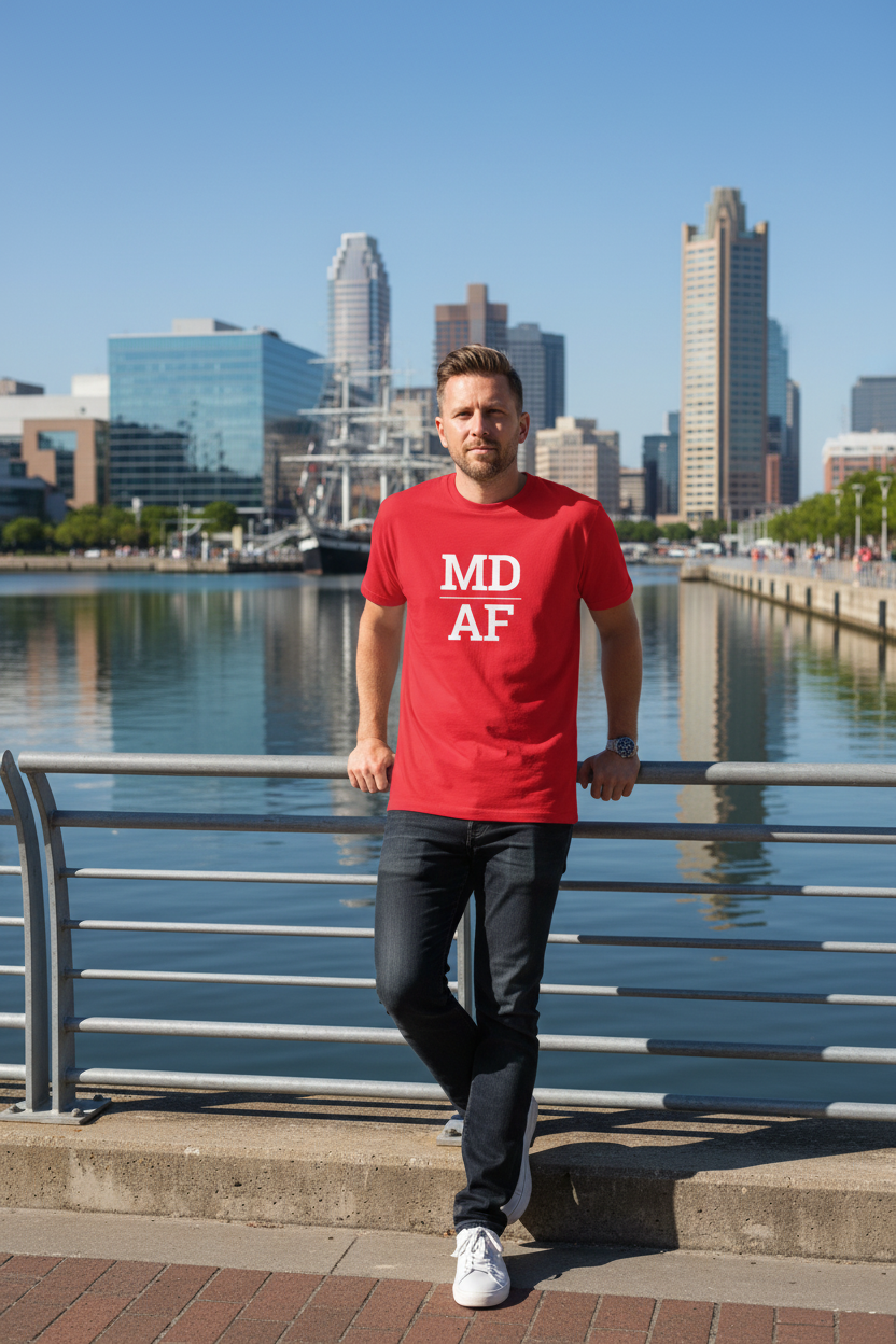Person wearing red Maryland t-shirt at Baltimore Inner Harbor