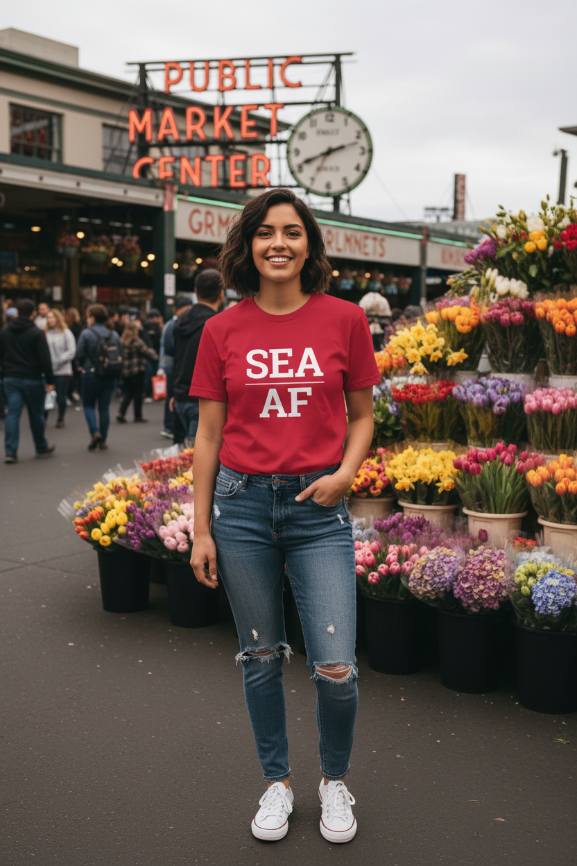 Model wearing SEA_AF cardinal red tee at Pike Place Market, Seattle, WA