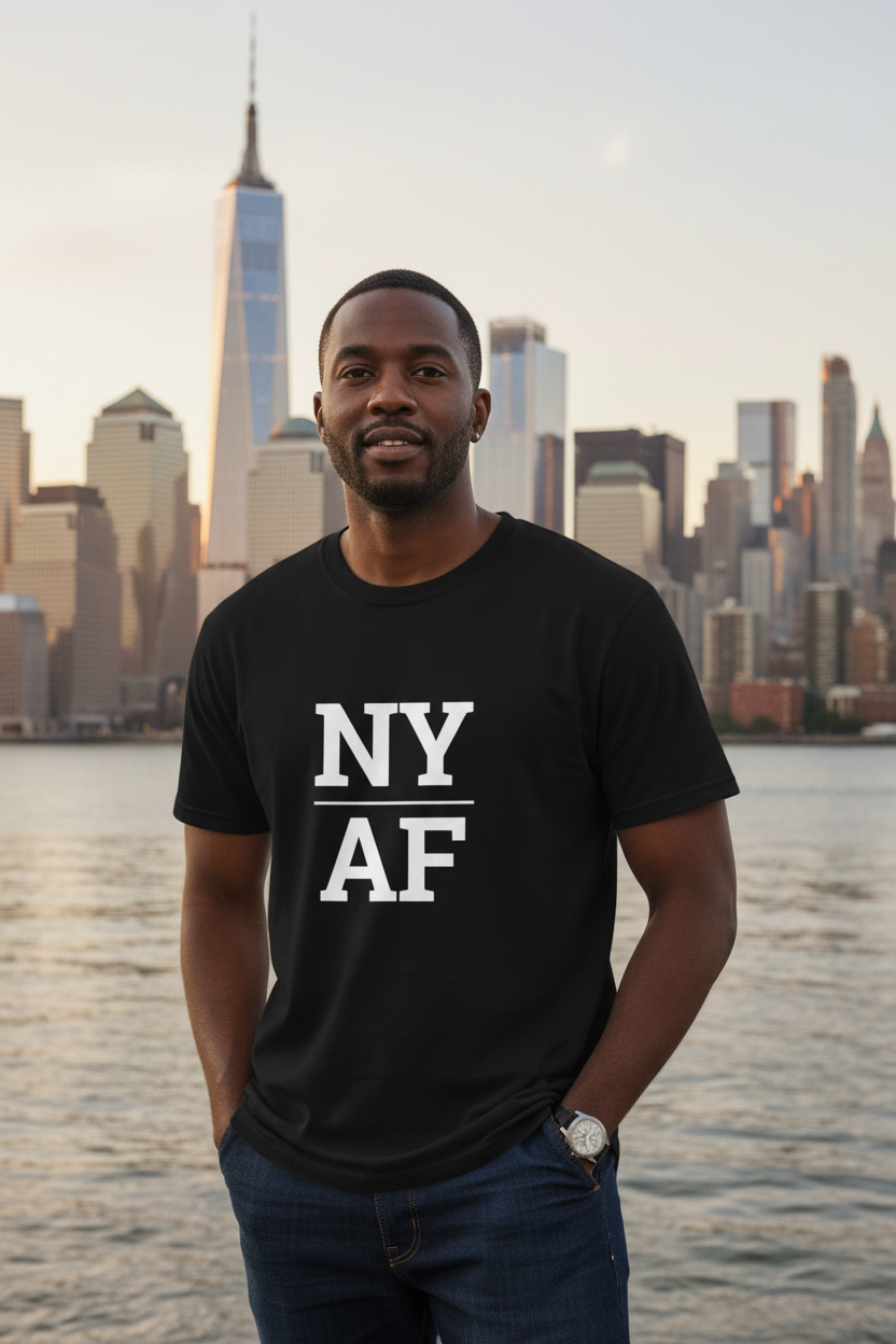 Person wearing black New York t-shirt with Manhattan skyline