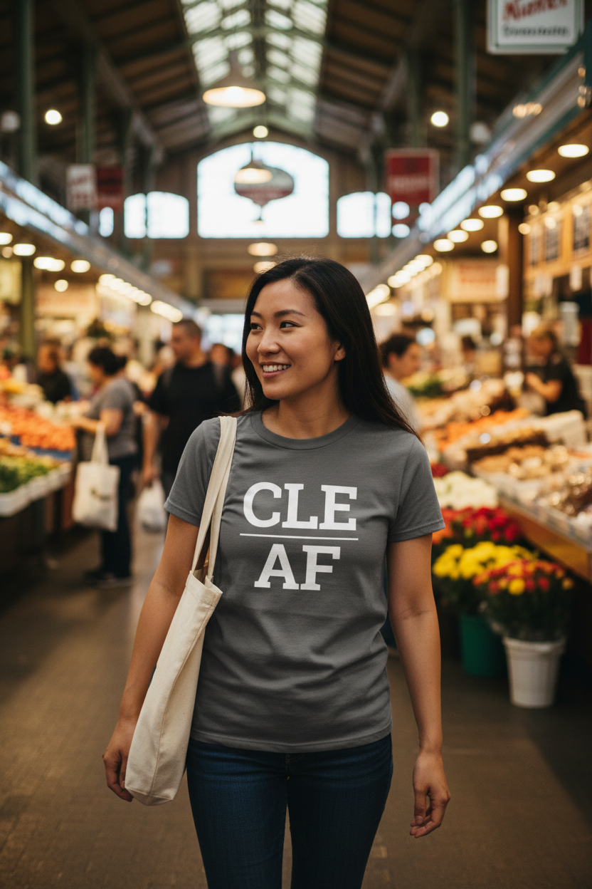Asian woman wearing charcoal CLE_AF t-shirt at West Side Market Cleveland